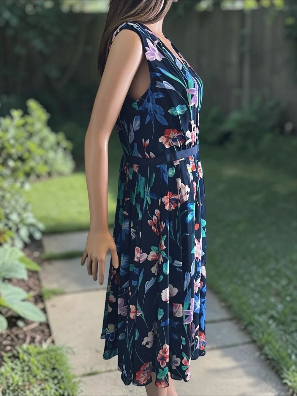 Talbots Navy Black Floral Midi Dress Size 6 Sleeveless Lined Sheer Overlay - Picture 2 of 6